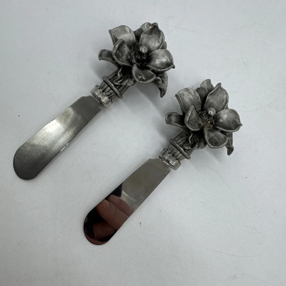 Vintage Pewter Magnolia Spreaders Set Of 2